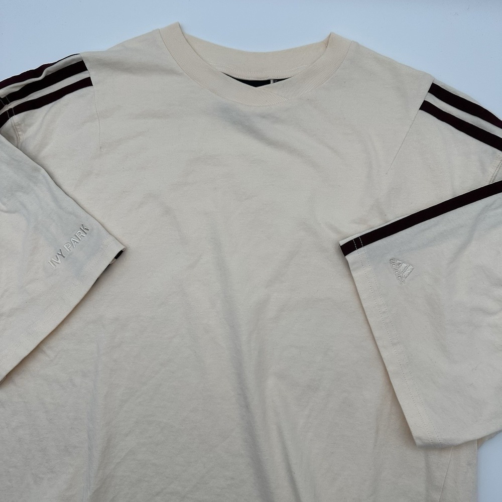 Adidas Ivy Park 3 Stripe City Wear Cream Oversized T-Shirt Sz M Women's Minimal